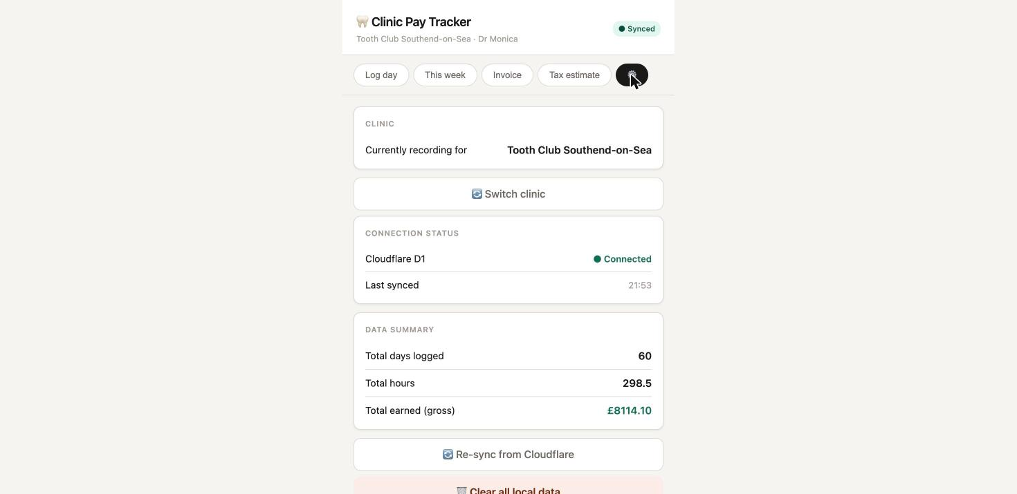 Clinic Pay Tracker settings screen showing the clinic switcher and cumulative real usage: 60 days logged, 298.5 hours, £8,114.10 earned