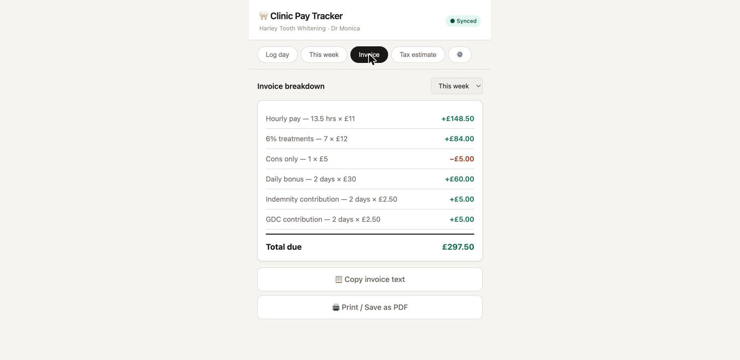 Clinic Pay Tracker invoice breakdown for the Harley clinic with a real itemised total