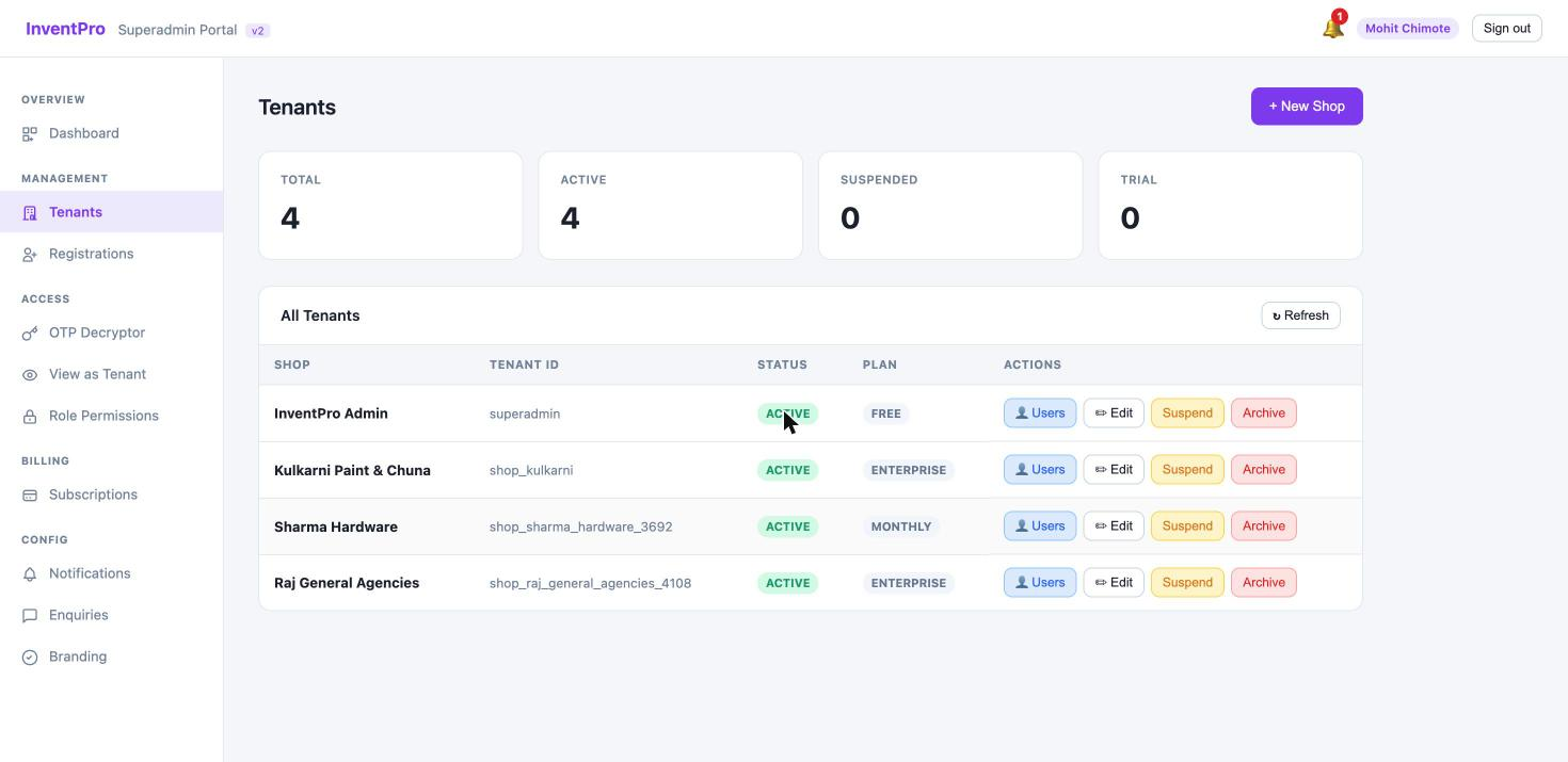 InventPro superadmin portal showing the real tenant registry with plan tier and status