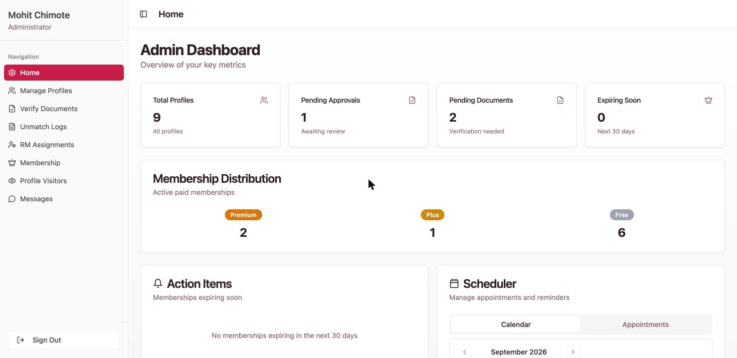 Life Partner Seek admin dashboard showing all 9 profiles, pending approvals, and membership distribution