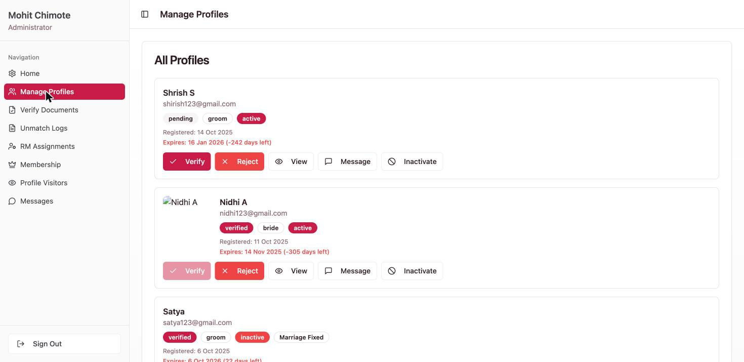 Life Partner Seek admin Manage Profiles screen listing every member profile with verify/reject actions