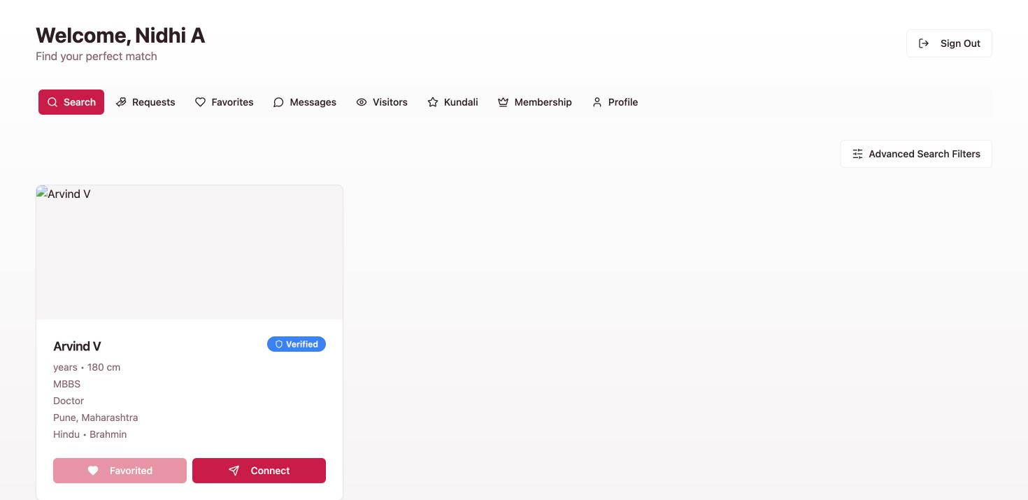 Life Partner Seek member search view showing a matched profile card with Favorited and Connect actions