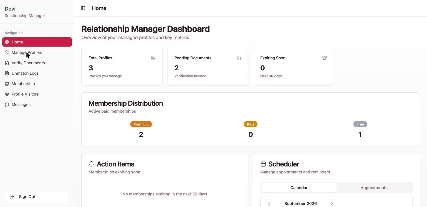 Life Partner Seek relationship manager dashboard showing only the 3 profiles that RM manages